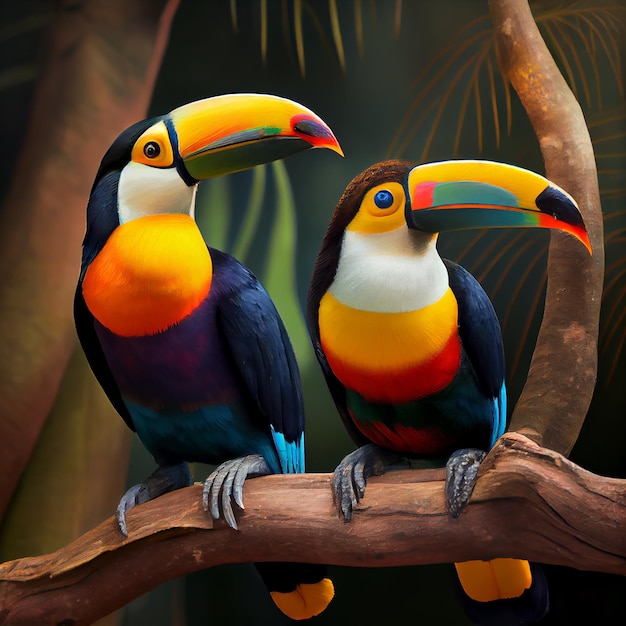 Multi colored toucan perched on branch generative AI