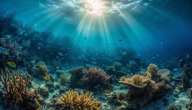 AIが生成した熱帯のサンゴ礁のソフトコーラルに多魚類が群がる