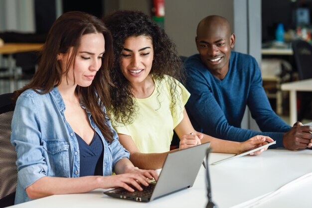 Multi-ethnic group of young people studying with laptop computer