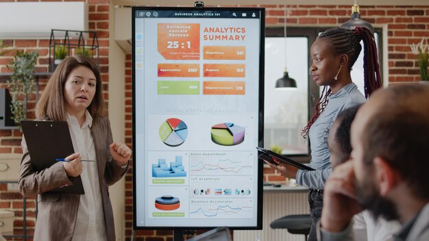 Multi ethnic team of women planning business project with analysis presentation on display. Workmates using monitor to explain data analysis for company growth and development in office.