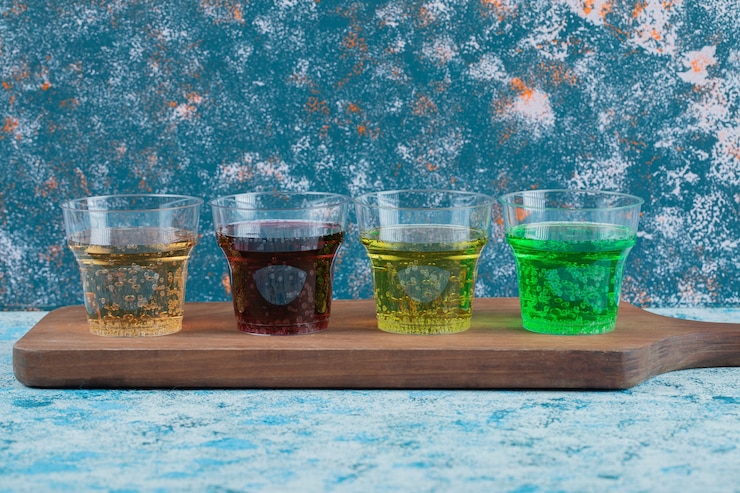 Free Photo multicolor juices in plastic disposable cups