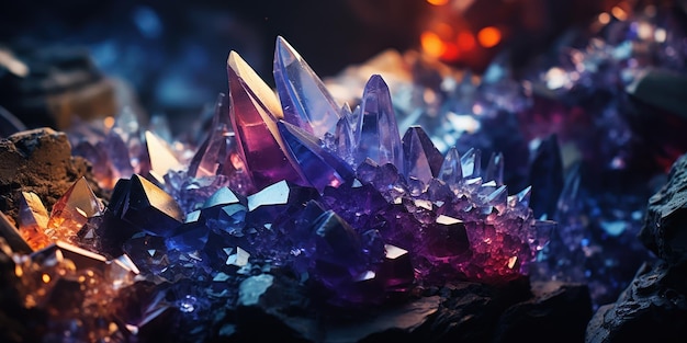 Multicolored crystals shines against an abyssal backdrop