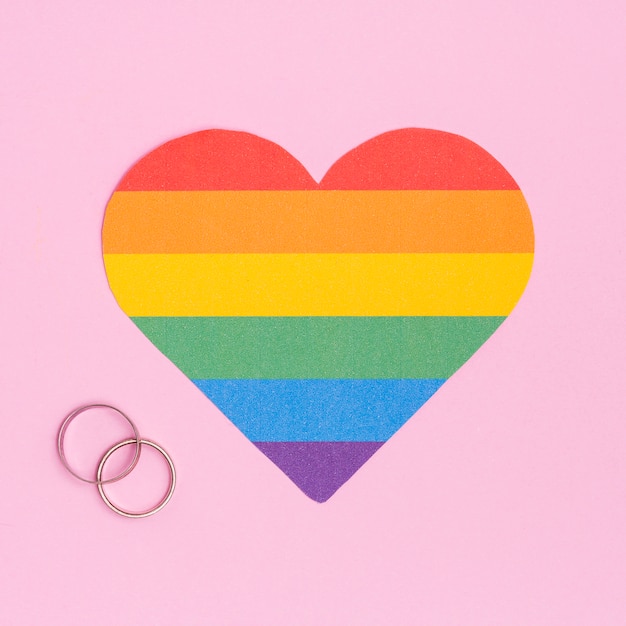 Multicolored LGBT heart and wedding rings