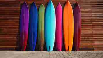 Free photo a multicolored surfboard leans on a wall ready for sea adventures