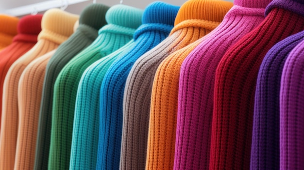 Free photo multicolored turtleneck sweaters lined up in a row