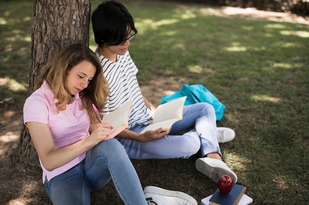 キャンパスで勉強している10代の学生の多民族のカップル