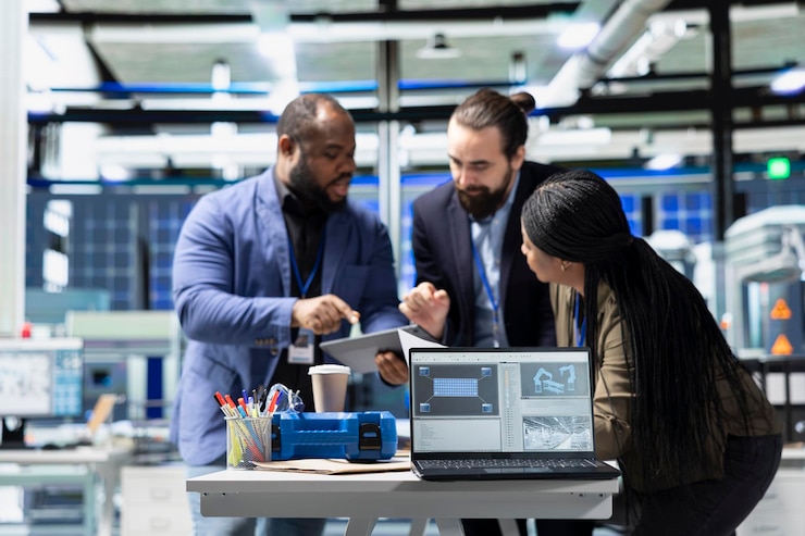 Free Photo multiethnic specialists engineers doing teamwork on modern production line