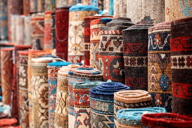 Multiple carpets at the Grand Bazaar in Istanbul Turkey