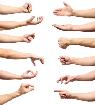 Multiple male caucasian hand gestures isolated over the white background, set of multiple images