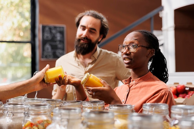 Multiracial couple selecting food items