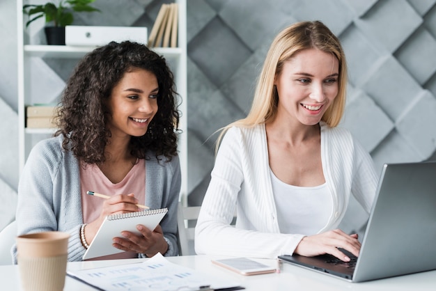 Multiracial employees working at laptop