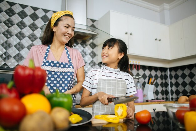 Мама и ее дочь помогают друг другу готовить кухню дома.