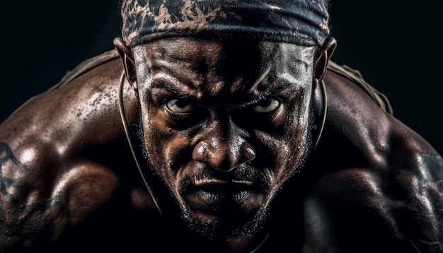 Free photo muscular athlete determination in eyes shirtless portrait generated by ai