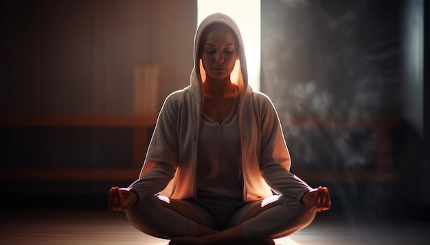 Muscular athlete meditating in lotus position indoors generated by AI