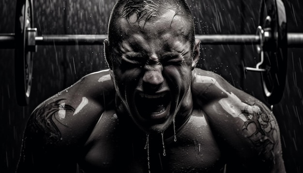 Бесплатное фото Мускулистый спортсмен кричит, тренируясь для соревновательного спорта, созданного ии