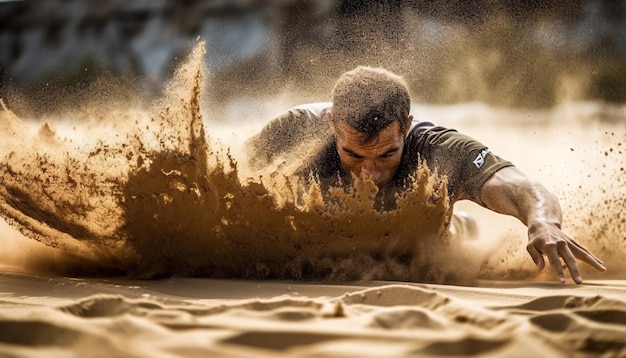 Muscular athlete smiling splashing in wet sand generated by AI