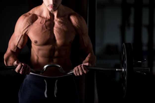 Muscular man lifting a barbell in gym