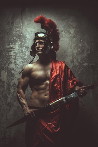 칼과 헬멧을 쓴 로마 갑옷을 입은 근육질의 남자.