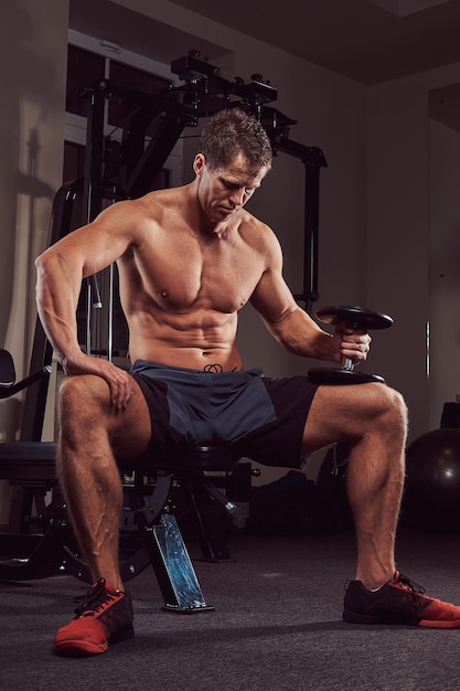 A muscular shirtless athlete doing exercise with dumbbells while sits on a bench in the gym.