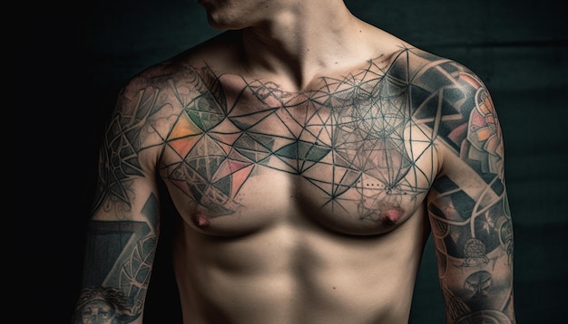 Free photo muscular tattooed man with pierced shoulder standing generated by ai