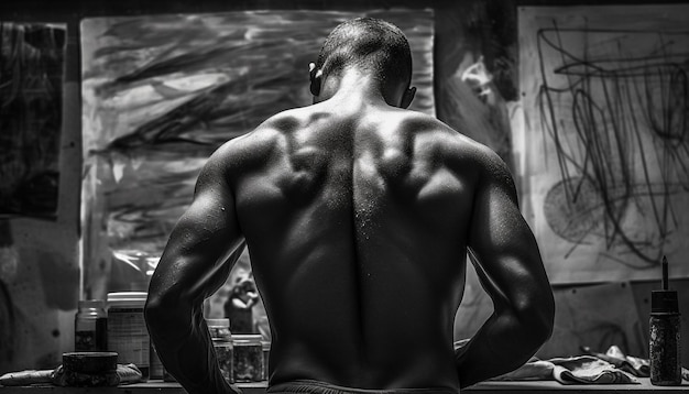 Free photo muscular young adult exercising strength indoors shirtless generated by ai