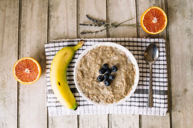 Mush and fruits on table