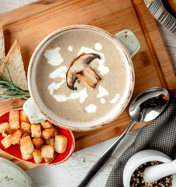 Mushroom cream soup with piece of mushroom