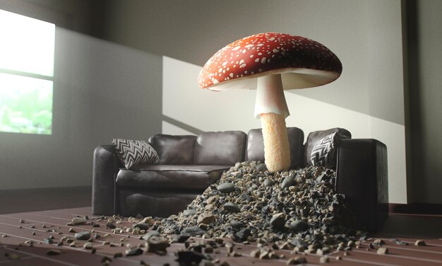 Mushroom growing through a sofa