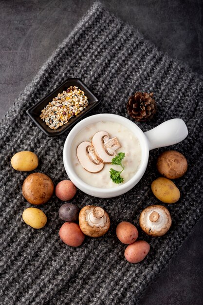 Mushroom soup with mushrooms on a grey scarf