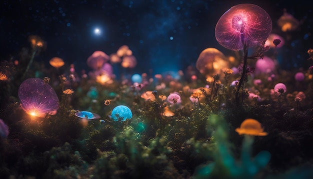 Foto gratuita funghi che crescono nel muschio rendering 3d