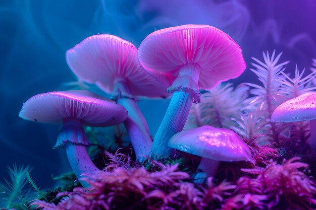 Mushrooms seen with intense brightly colored lights