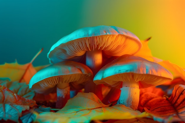 Free photo mushrooms seen with intense brightly colored lights