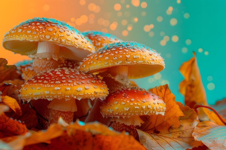 Free Photo mushrooms seen with intense brightly colored lights