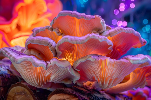 Mushrooms seen with intense brightly colored lights