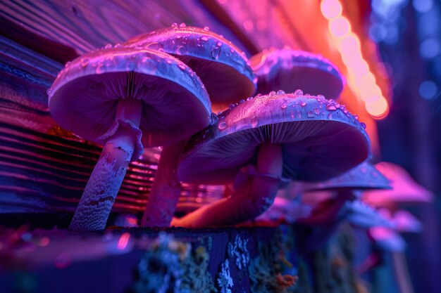 Free photo mushrooms seen with intense brightly colored lights