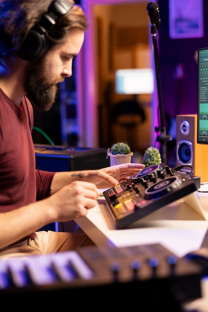 Free Photo | Music engineer editing his soundtracks on mixing console