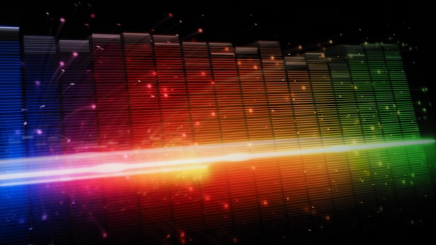 Панель музыкального эквалайзера. эквалайзер звуковой волны на черном фоне экрана. музыка или звуковая волна на мониторе. красочный абстрактный визуализатор звука. градиентный спектр музыки. цифровой график светится в темноте.