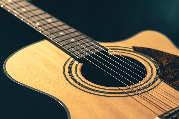 Musical background with acoustic guitar close up