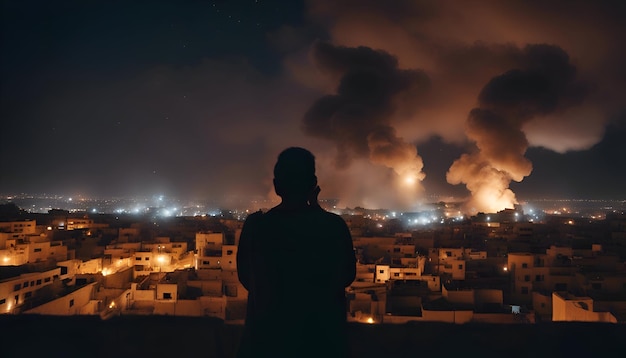 Uomo musulmano in piedi di fronte a un enorme smog in città di notte