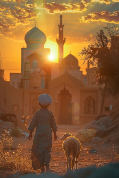 Muslim people with photorealistic animals prepared for the eid al-adha offering