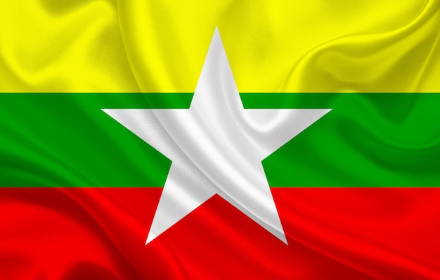 Myanmar country flag on wavy silk fabric background panorama - illustration