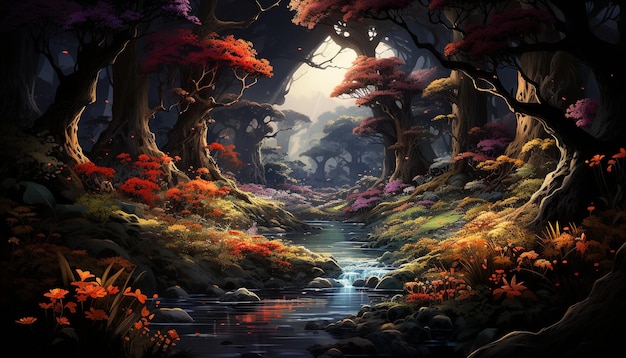 AIが生成したダークなマルチカラーのアクリル絵の具で描かれた神秘的な秋の森