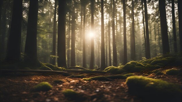 Таинственный темно-зеленый лес с солнечными лучами, проходящими сквозь деревья
