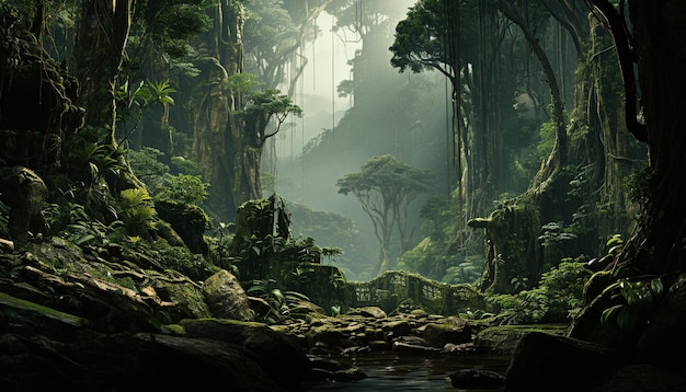 Таинственный туман окутывает умиротворяющий тропический лес, раскрывая чарующую красоту природы, созданную искусственным интеллектом.
