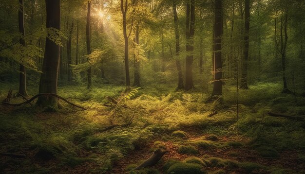 신비한 안개가 AI가 생성한 고요한 가을 숲길을 뒤덮습니다.