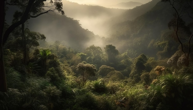 神秘的な霧に覆われた静かな森の風景 AI によって生成されたシーン