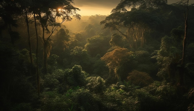 Foto gratuita misteriosa avventura di montagna nebbiosa nella foresta attende avanti generata dall'ia