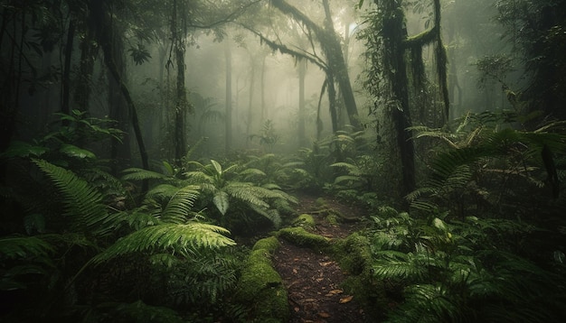 Mysterious forest path leads to enchanted beauty generated by AI