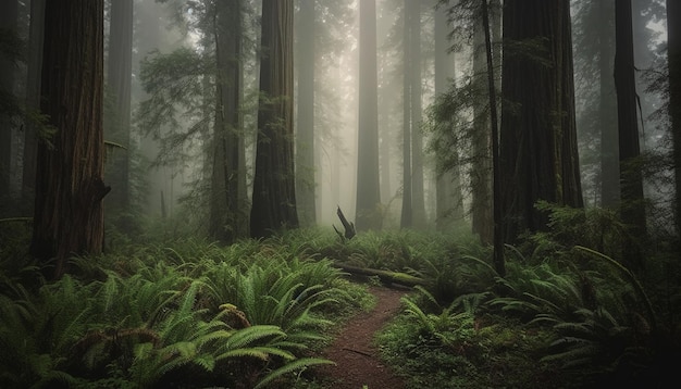 Mysterious forest path wet leaves spooky adventure generated by AI