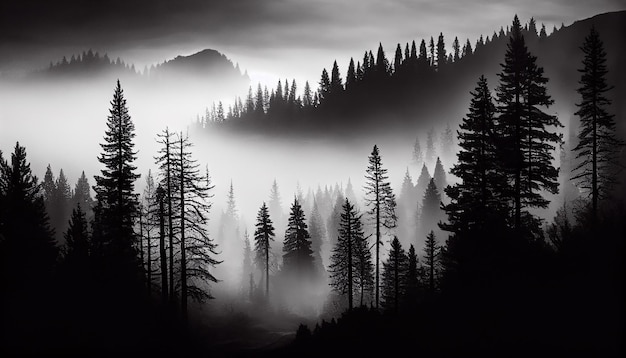 Mysterious forest silhouette tranquil scene black and white generative AI